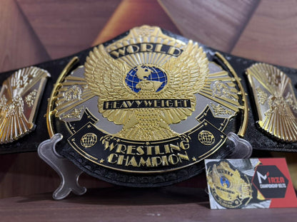 World Heavyweight Wrestling Championship belt with a card in the background