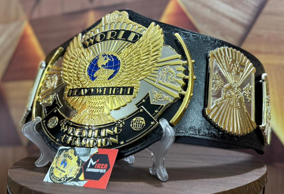Wrestling championship belt on a wooden stand with a geometric patterned background wwf winged eagle wrestling championship belts 6mm zinc