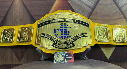 A Intercontinental gold and yellow wrestling championship belt 4mm zinc Metal plates gold plated real cowhide Floppy leather strap. mirza industries