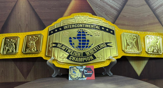 A Intercontinental gold and yellow wrestling championship belt 4mm zinc Metal plates gold plated real cowhide Floppy leather strap. mirza industries