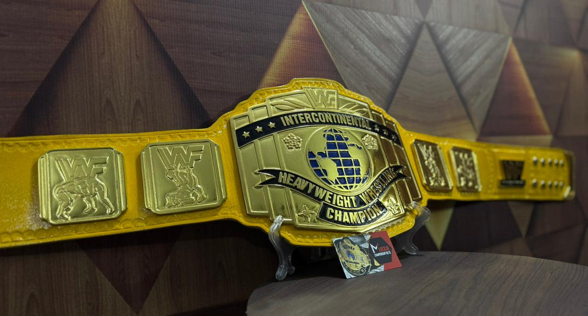 A Intercontinental gold and yellow wrestling championship belt 4mm zinc Metal plates gold plated real cowhide Floppy leather strap. mirza industries