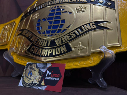 A Intercontinental gold and yellow wrestling championship belt 4mm zinc Metal plates gold plated real cowhide Floppy leather strap. mirza industries