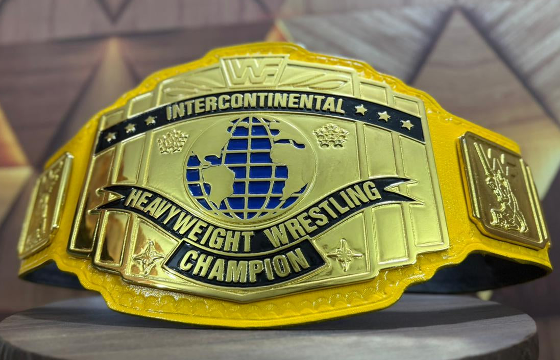 A Intercontinental gold and yellow wrestling championship belt 4mm zinc Metal plates gold plated real cowhide Floppy leather strap