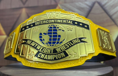 A Intercontinental gold and yellow wrestling championship belt 4mm zinc Metal plates gold plated real cowhide Floppy leather strap