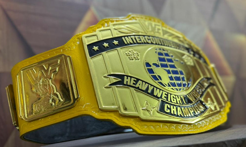 A Intercontinental gold and yellow wrestling championship belt 4mm zinc Metal plates gold plated real cowhide Floppy leather strap