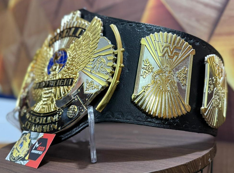 WWE championship belt on a wooden stool with a colorful geometric background